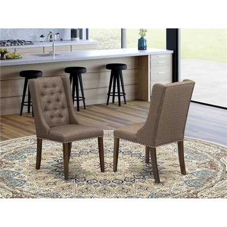 EAST WEST FURNITURE East West Furniture FOP8T18 Forney Brown Linen Fabric Parson Dining Chairs & Button Tufted Back with Antique Walnut Rubber Wood Legs - Set of 2 FOP8T18